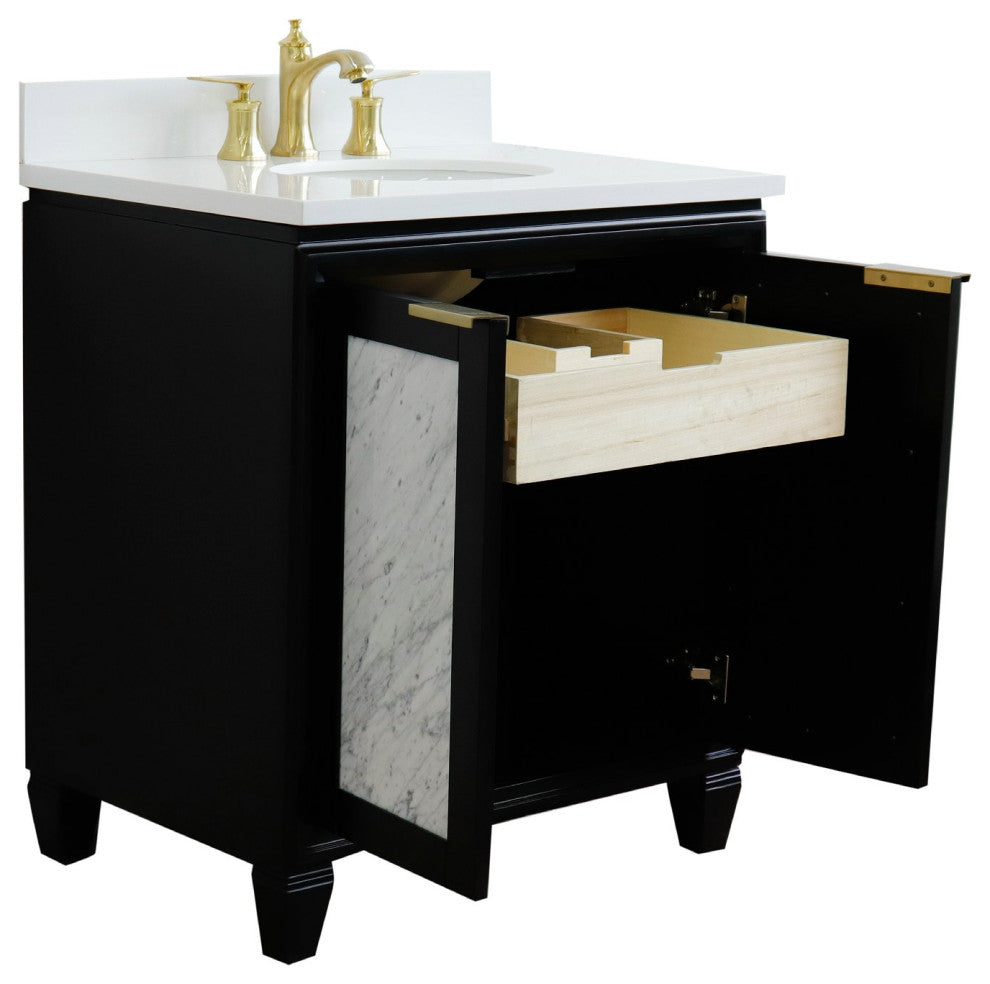31" Single Sink Vanity, Black Finish With Engineered Stone Top With Oval Sink