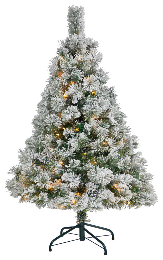 4' Flocked Oregon Pine Faux Xmas Tree W/100 Clear Lights & 215 Bendable Branches