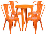 Commercial Grade 24" Round Orange Metal Indoor-Outdoor Table Set, 4 Cafe Chairs