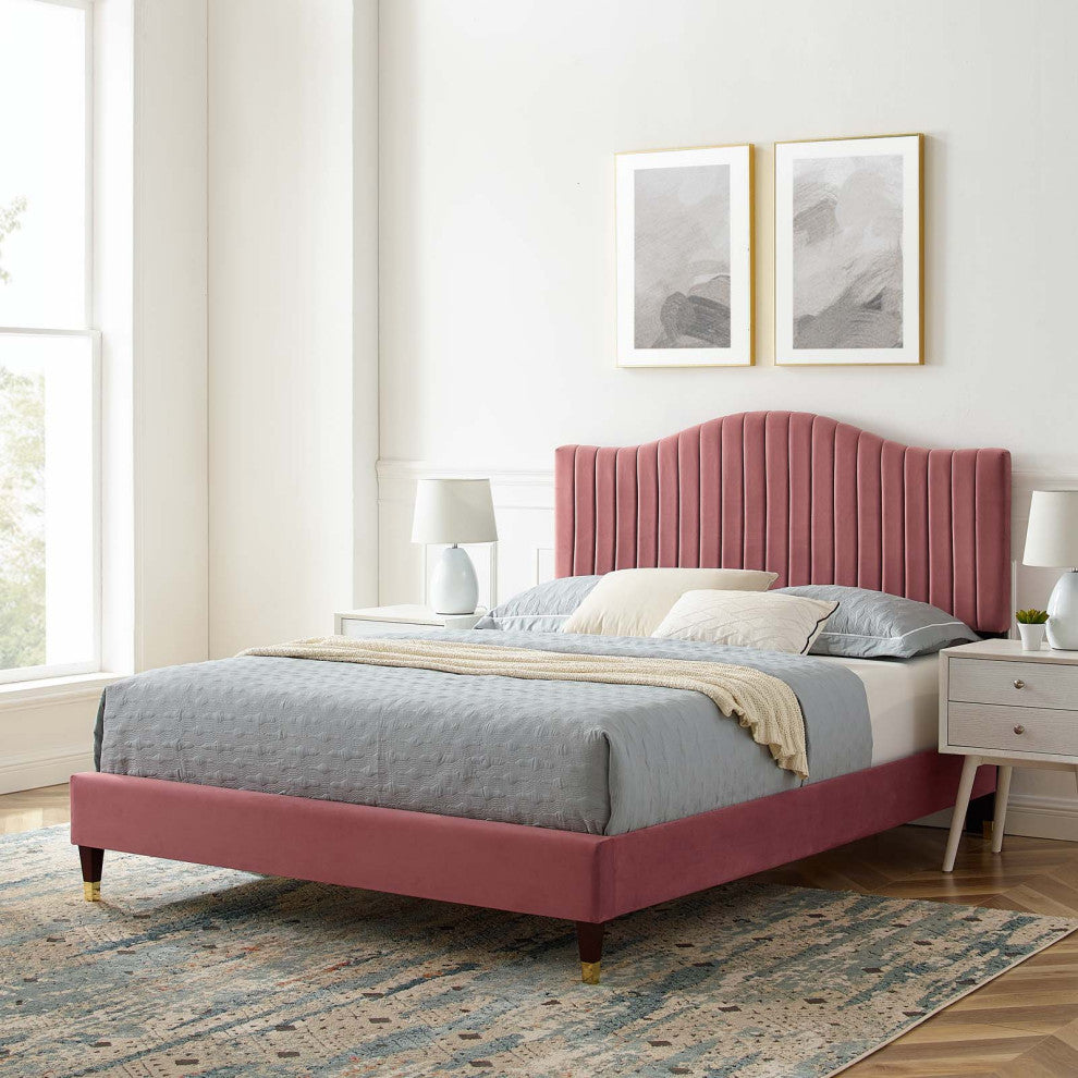Tufted Platform Bed Frame, Full Size, Velvet, Pink, Modern Contemporary, Bedroom