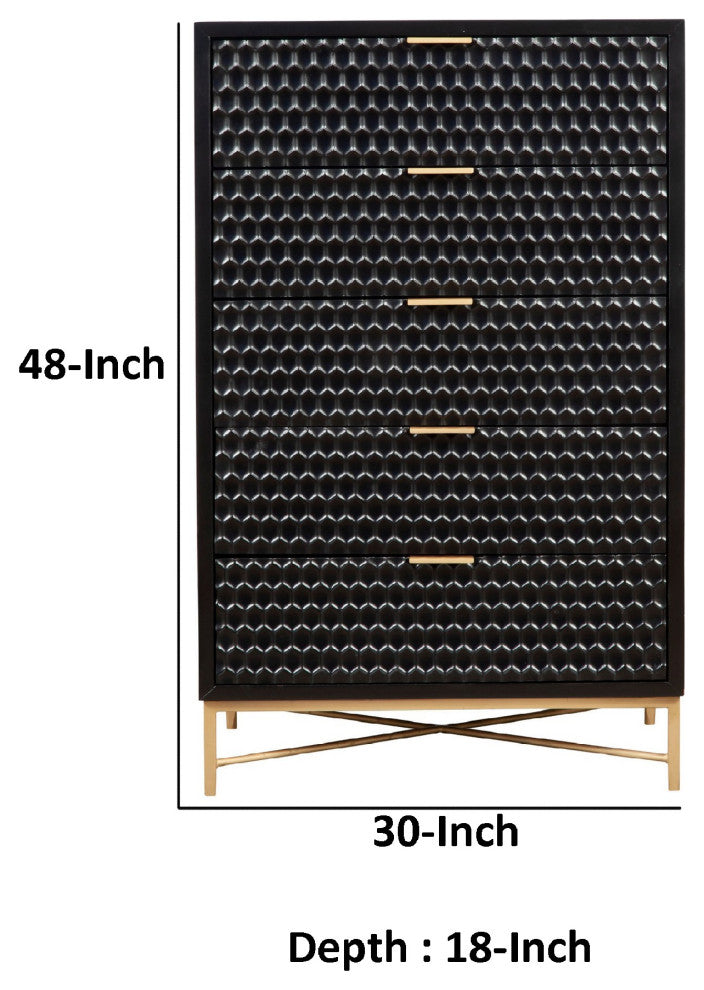 Benzara BM284294 5 Drawer Tall Dresser Chest, Honeycomb Panels, Black, Gold