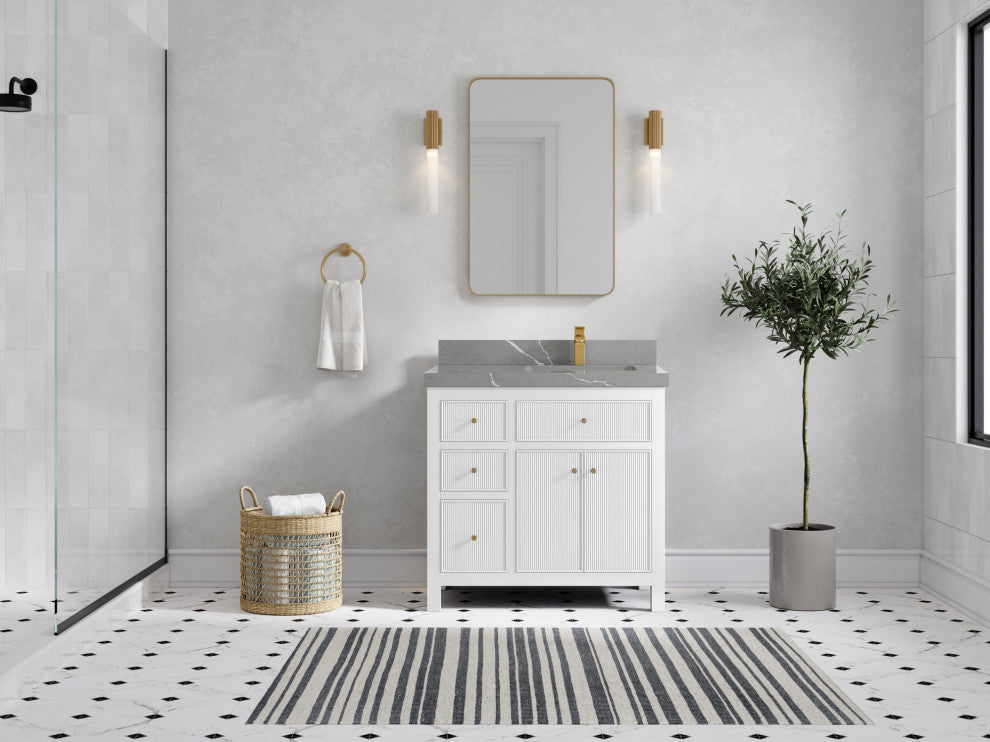 Sonoma 36 Right Offset Reeded Bath Vanity in White 2" Piatra Gray