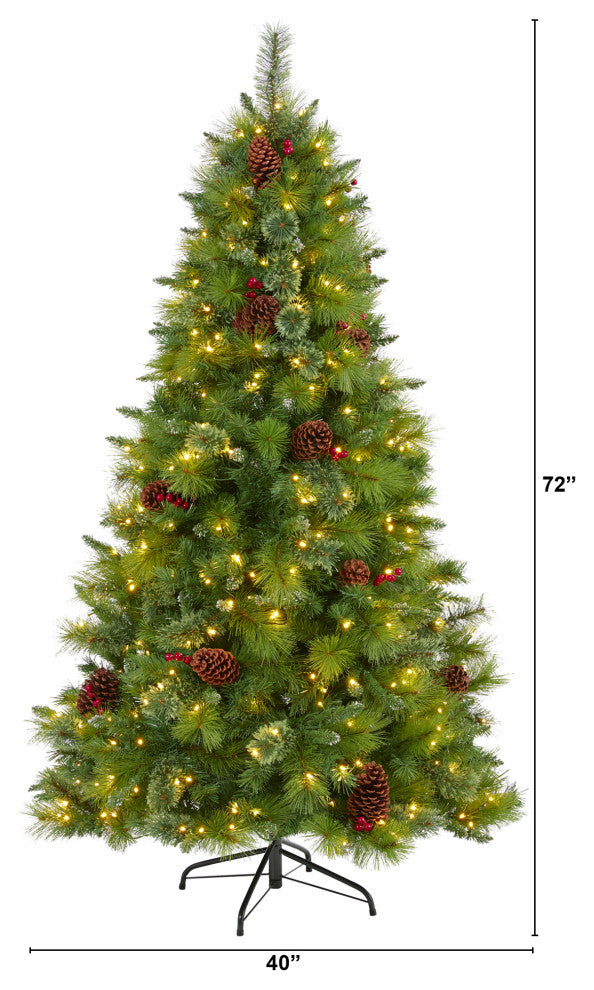 6' Montana Mixed Pine Faux Xmas Tree With Pine Cones, Berries & 350 Clear Lights
