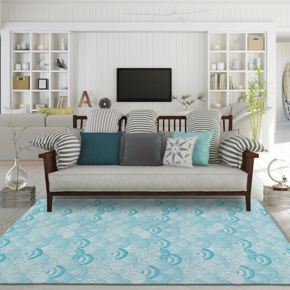 Indoor/Outdoor Seabreeze SZ2 Teal Machine Washable 3' x 5' Rug