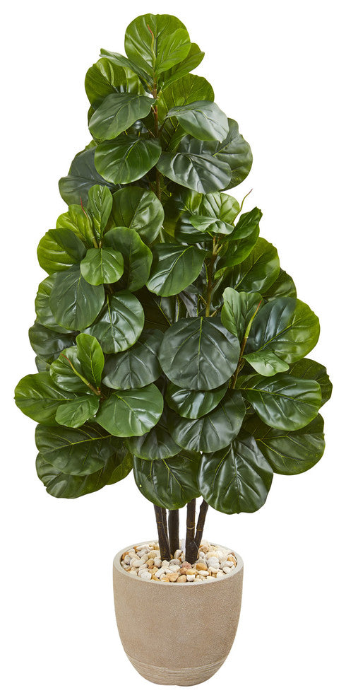 Nearly Natural 58" Fiddle Leaf Fig Artificial Tree in Sand Stone Planter