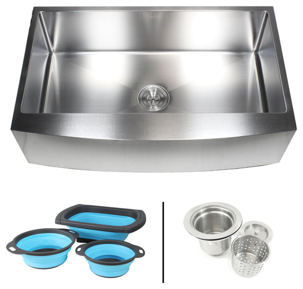 36" Apron Stainless Steel Curve Front Single Bowl Kitchen Sink With Colanders