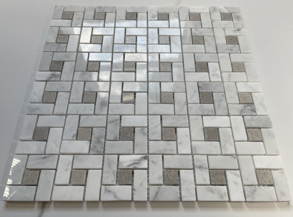 Carrara White Pinwheel Mosaic Venato Marble Tile Gray Dots Polished, 1 sheet