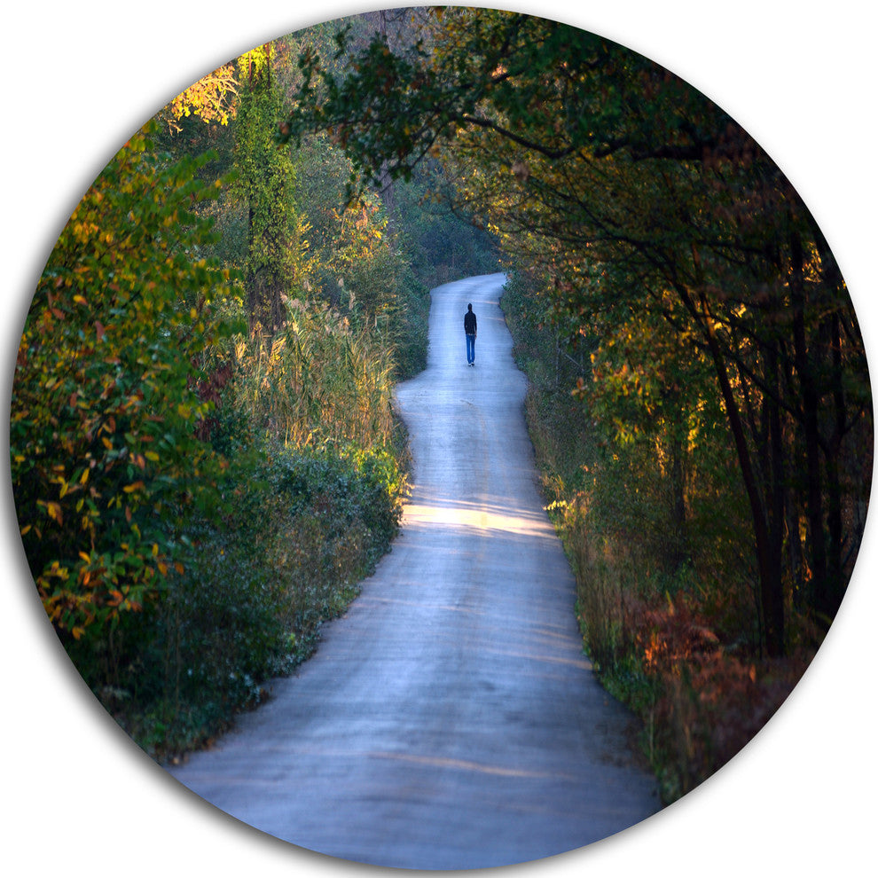 Walking Alone On Road, Landscape Photo Round Wall Art, 11"