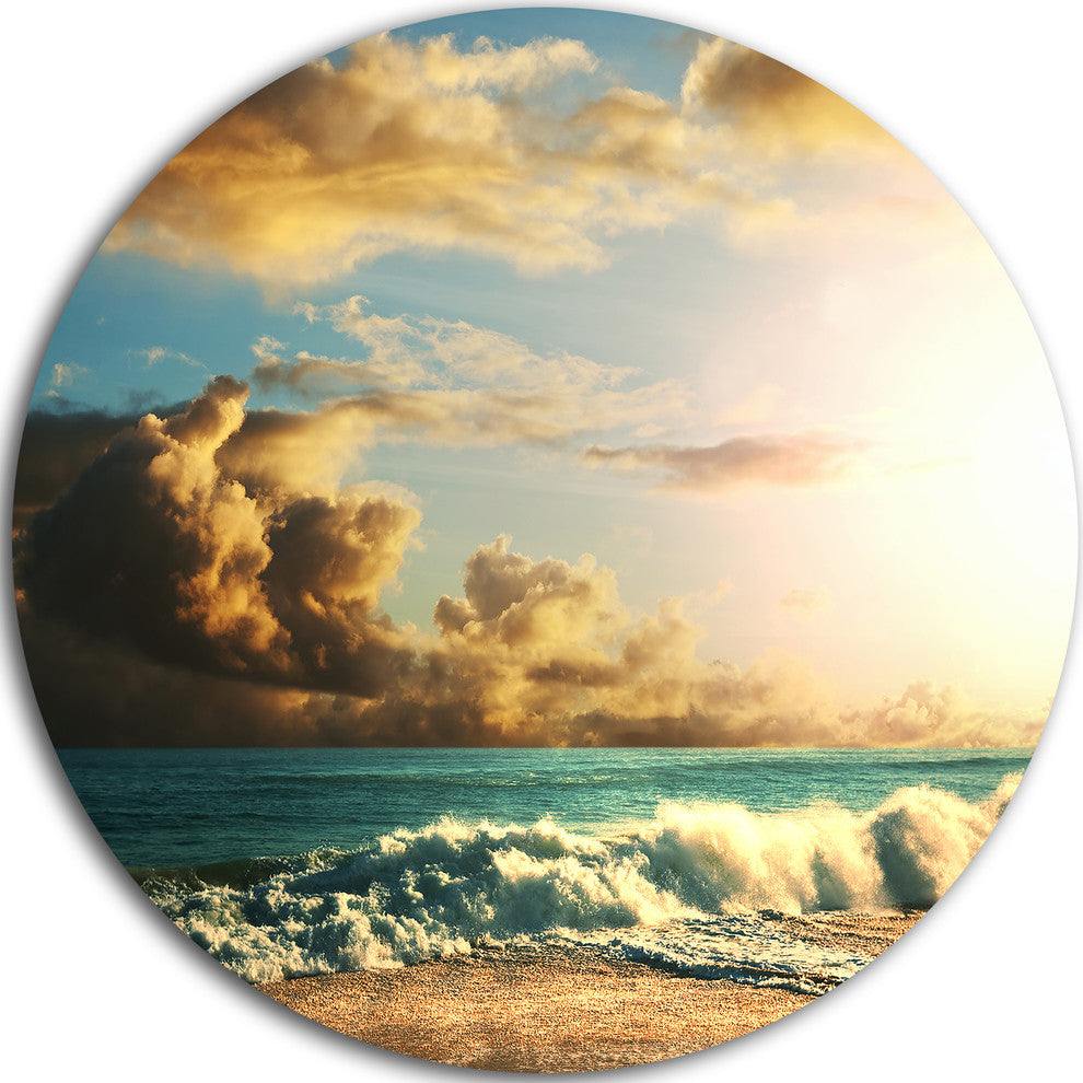 Green Sea Beach Under Cloudy Sky, Modern Beach Disc Metal Wall Art, 11"