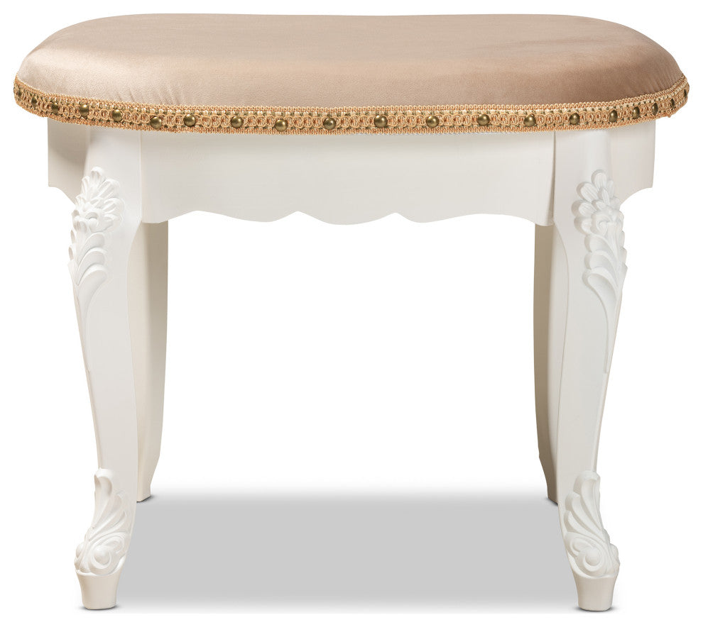 Wiktoria Country Provincial Sand Velvet Upholstered White-Wood Vanity Ottoman