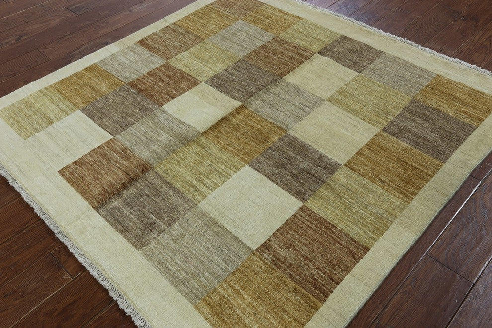 Ivory & Earth Tone Squares 5' Square Gabbeh Hand Knotted Wool Area Rug H8564