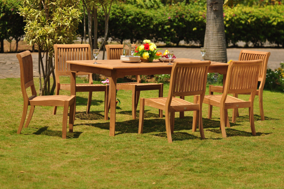 9-Piece Outdoor Teak Dining Set: 83" Rect Table, 8 Arbor Stacking Armless Chairs
