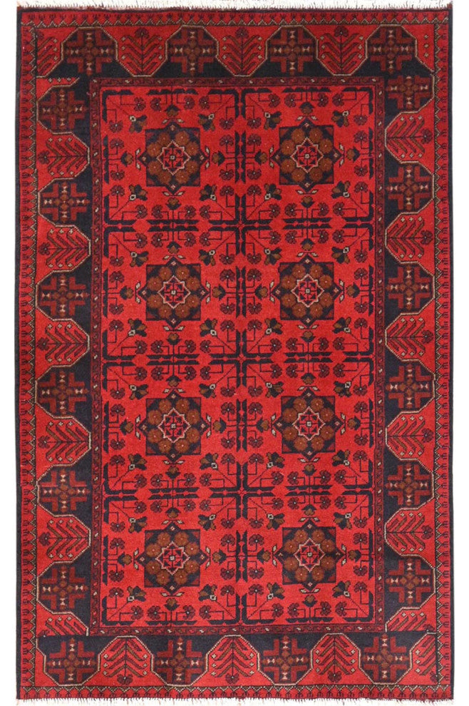 Red, Afghan Andkhoy, Wool, Hand Knotted Oriental Rug, 4'1"x6'3"