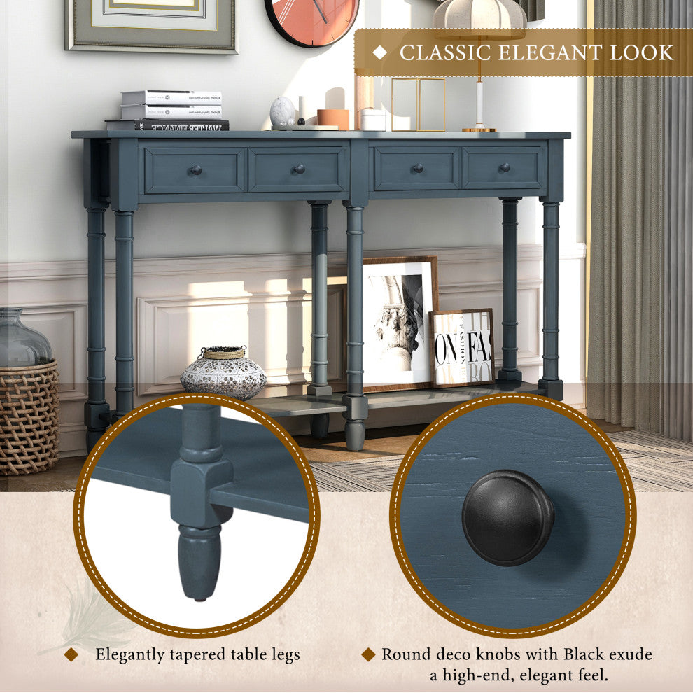 58" Two-Drawer Console Table Bottom Shelf for Living Room Antique Navy