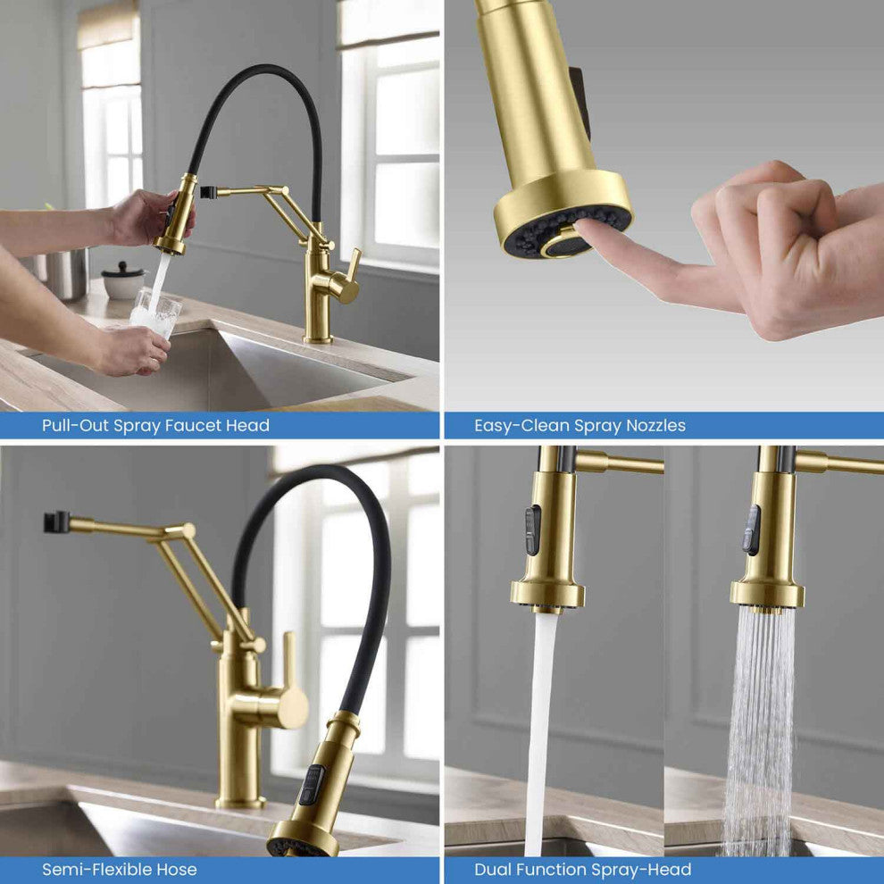 Engel Single Handle Pull Down Kitchen Faucet, Brushed Gold