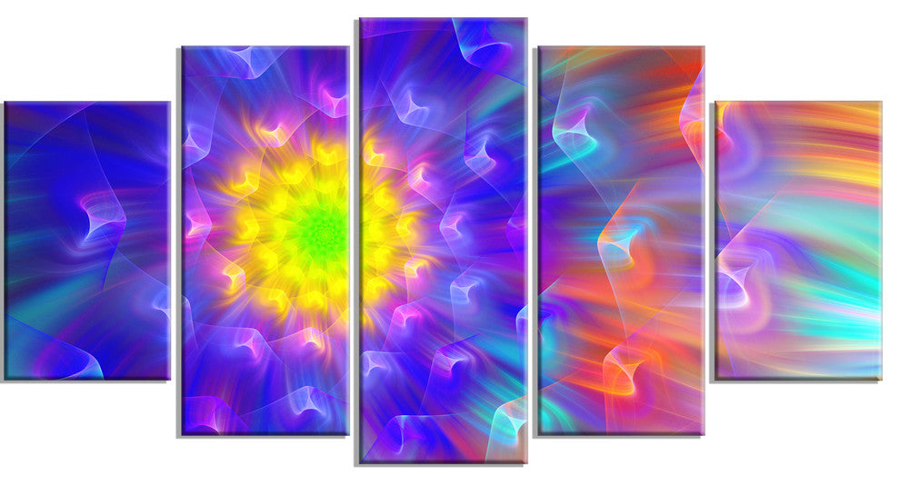 Bright Blue Fractal Petals Dandelion, Floral Canvas Art Print, 60"x32", 5 Panels