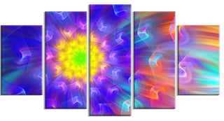 Bright Blue Fractal Petals Dandelion, Floral Canvas Art Print, 60"x32", 5 Panels