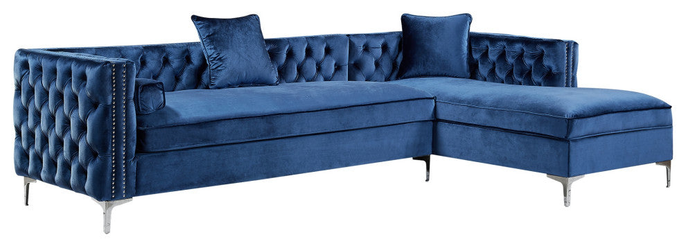 Jeannie Velvet Tufted With Nailhead Trim Sectional, Navy, Right Facing Chaise
