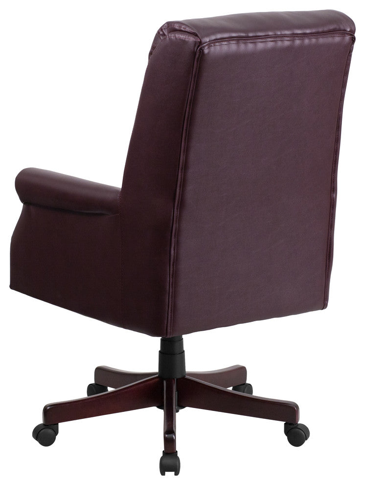 High Back Pillow Back Burgundy Leather Executive Swivel Chair With Arms