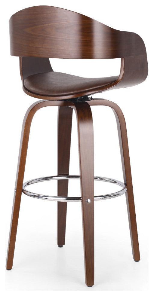 Soledad Mid-Century Modern Upholstered Swivel Barstool, Dark Brown/Walnut