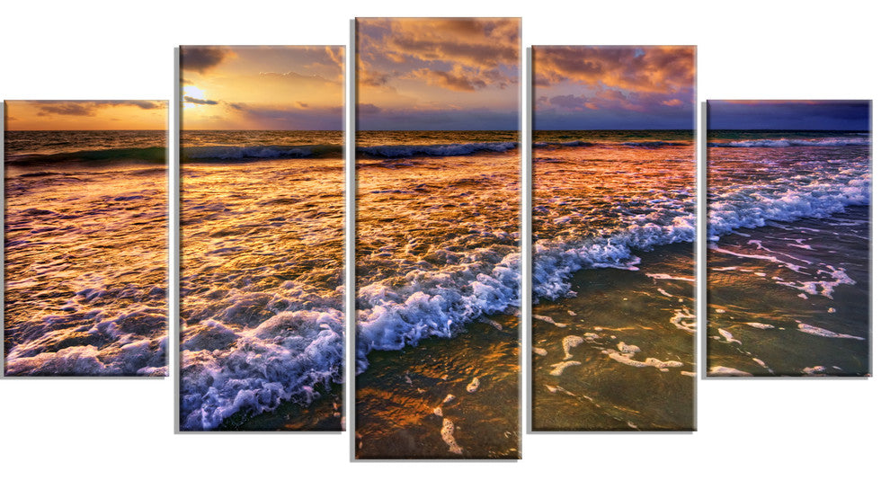 Beautiful Sunset with White Waters, Seashore Canvas Art Print, 60"x32", 5 Panels