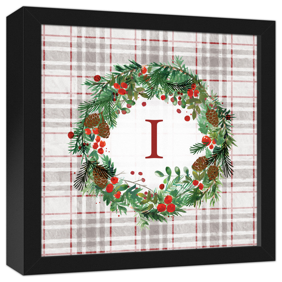 Holiday Gray Plaid Monogram Wreath I 12x12 Black Framed Canvas