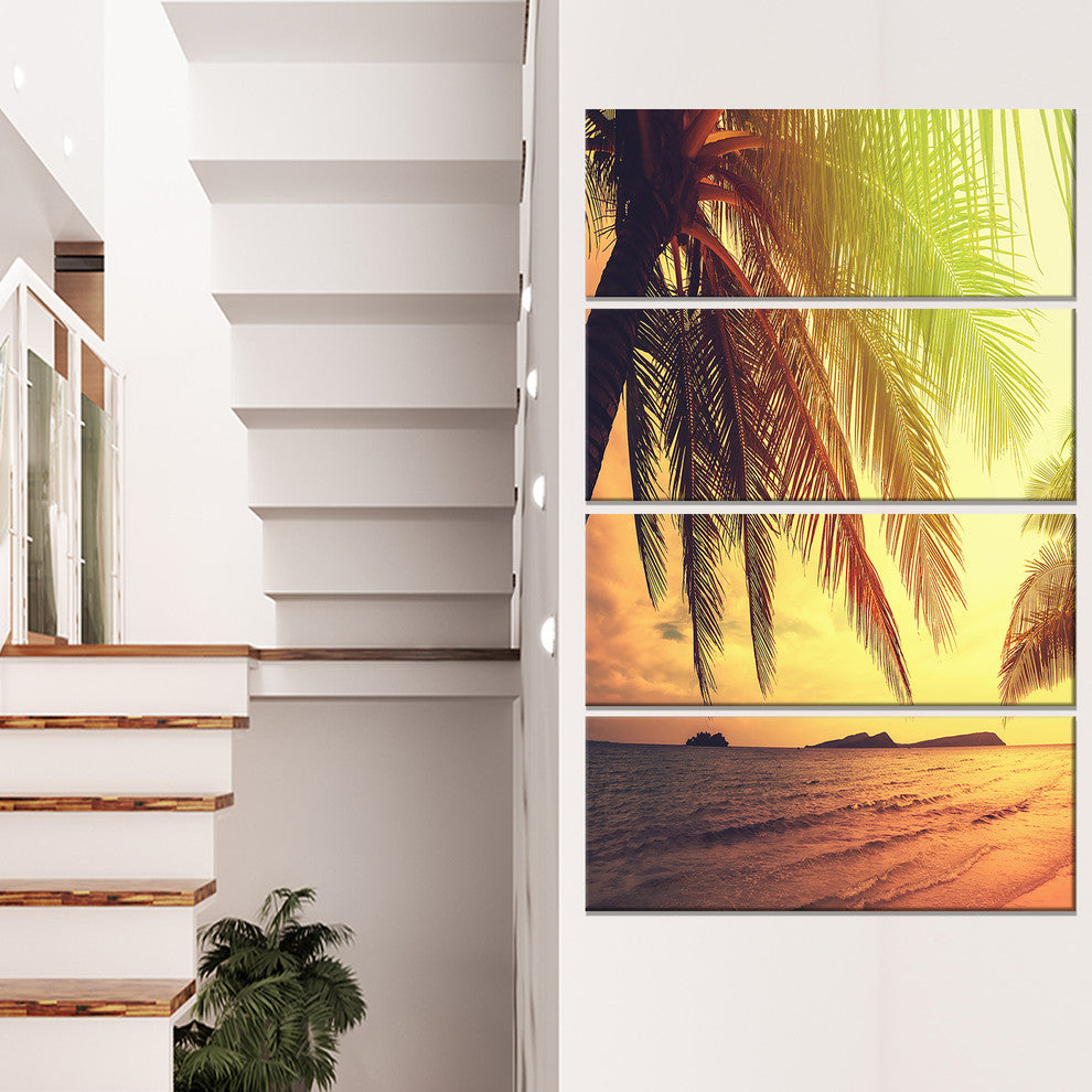 Tropical Beach with Green Palm, Large Seashore Canvas Print, 28"x48", 4 Panels
