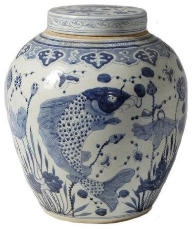 Blue and White Porcelain Ginger Jar Fish Motif, 16"