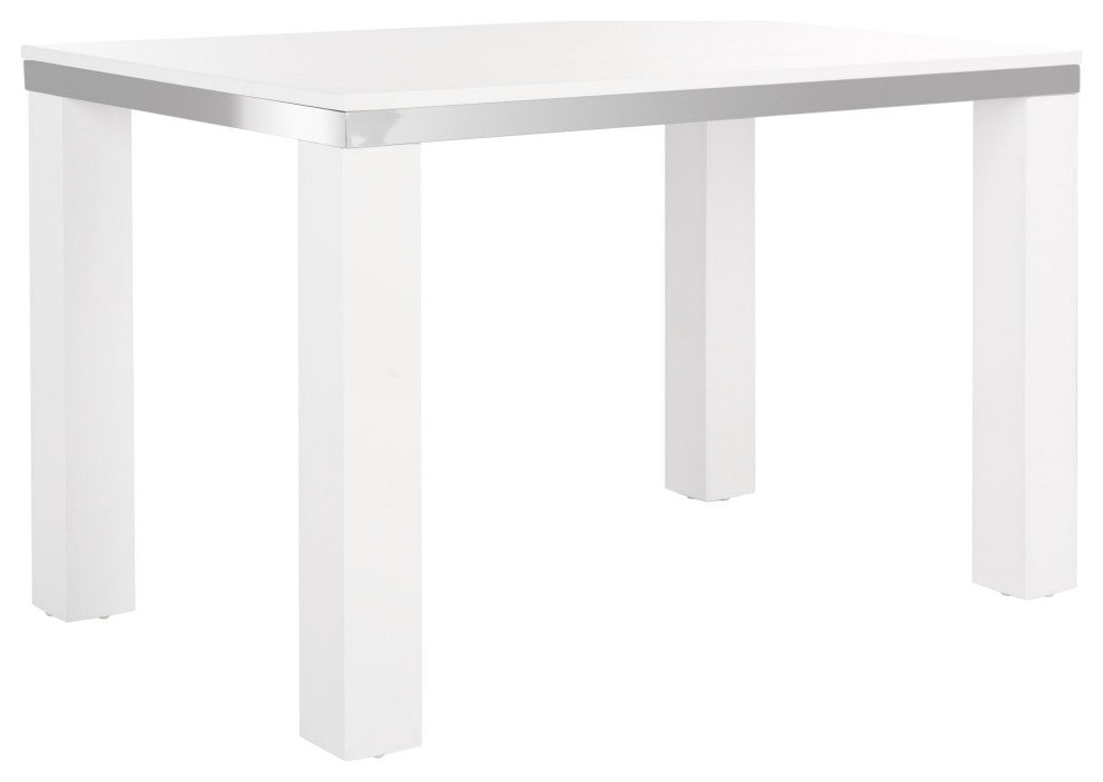 Contemporary Large Desk, Glossy White Wooden Construction With Chrome Accent