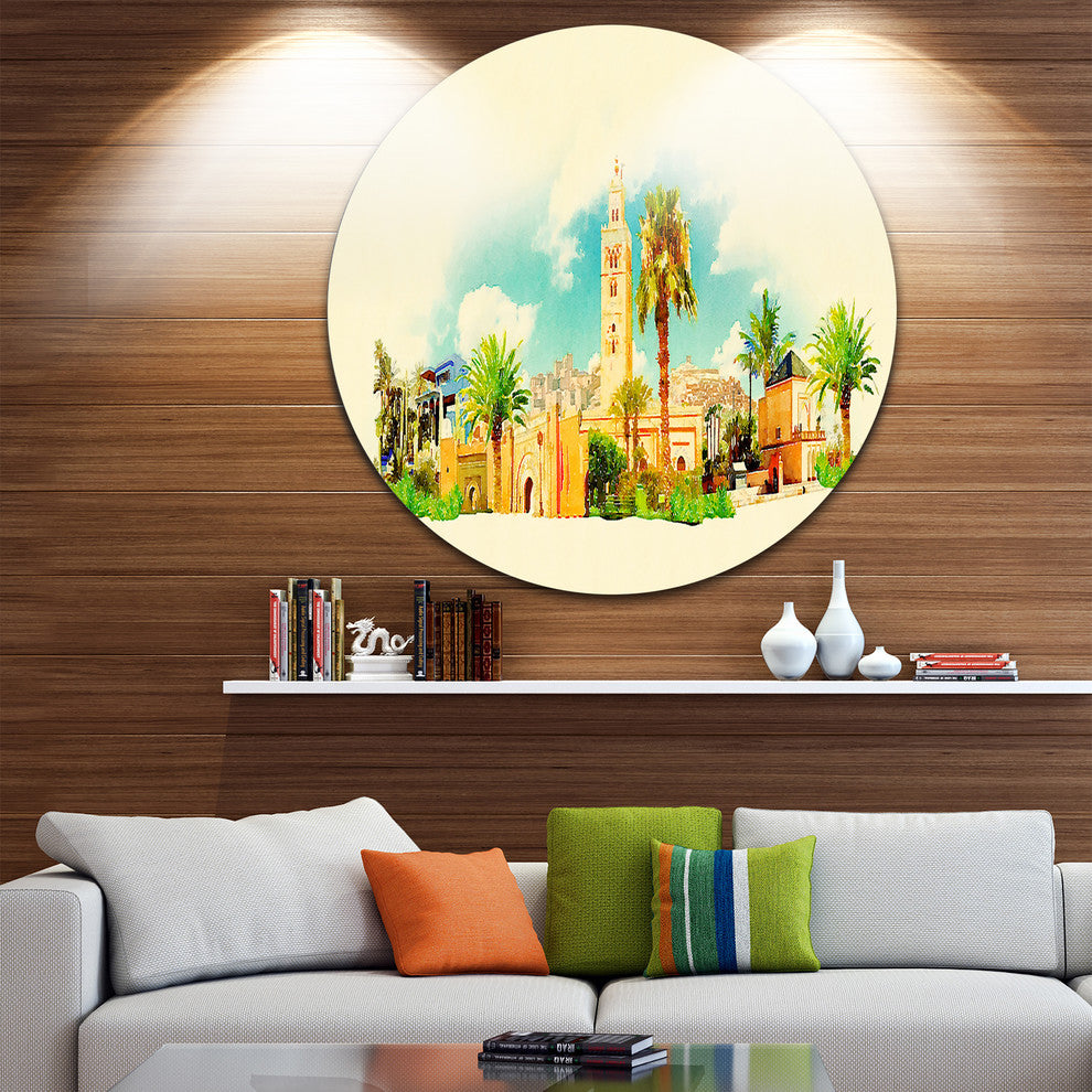 Marakesh Panoramic View, Cityscape Watercolor Disc Metal Wall Art, 11"