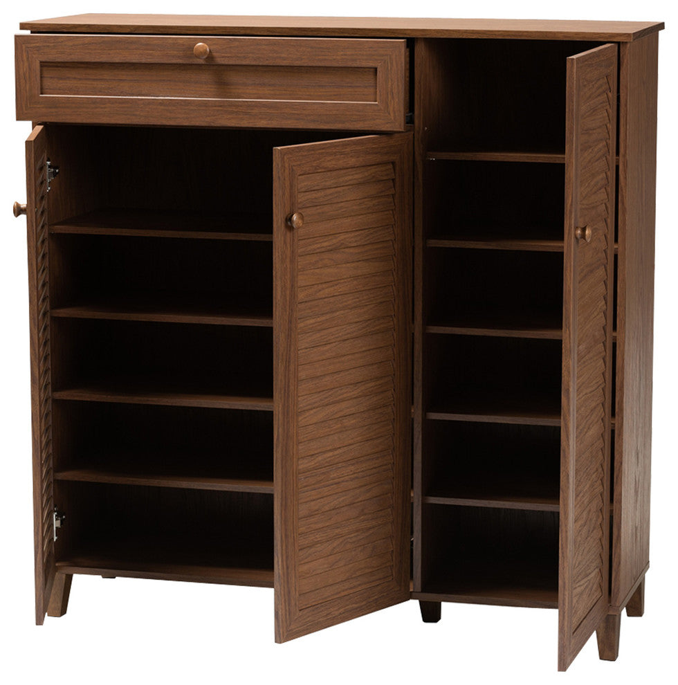 Modern Walnut Finished 11-Shelf Wood Shoe Storage Cabinet With Drawer