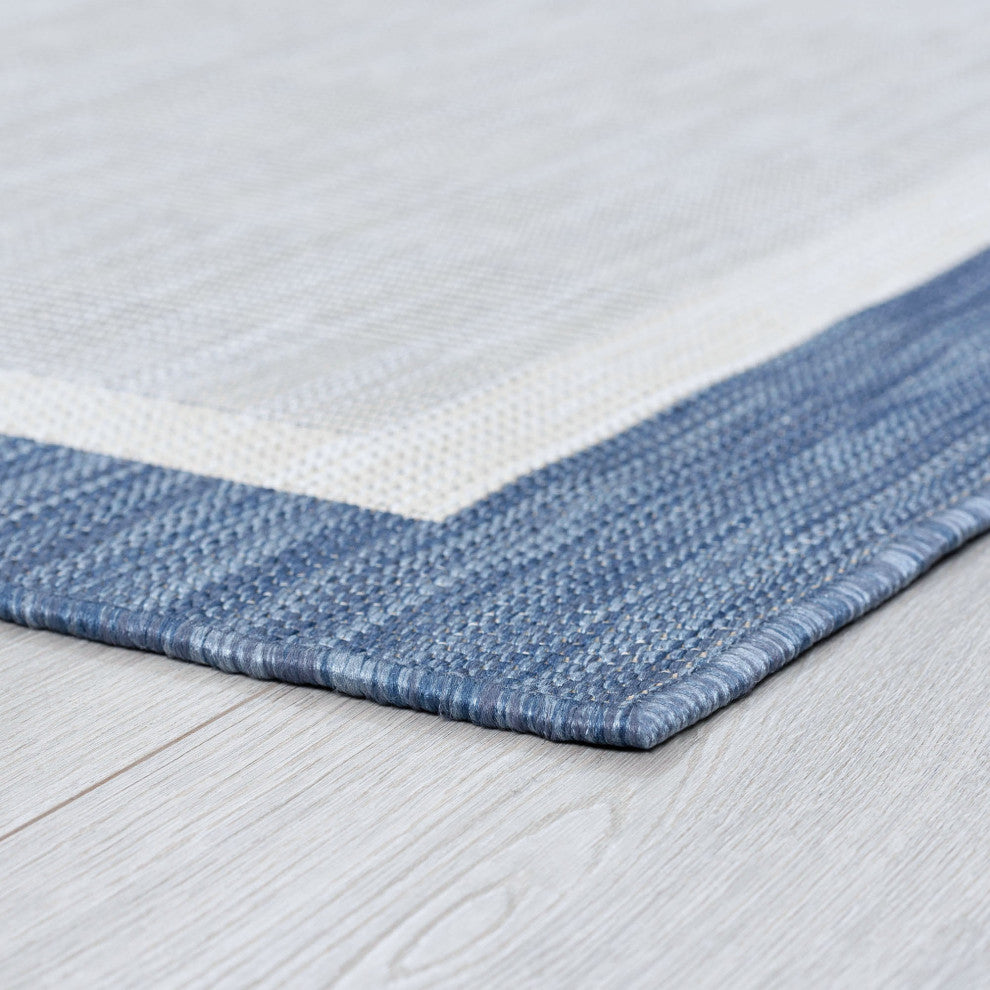 Dania Transitional Solid Border Blue/Cream Round Indoor/Outdoor Area Rug, 8'