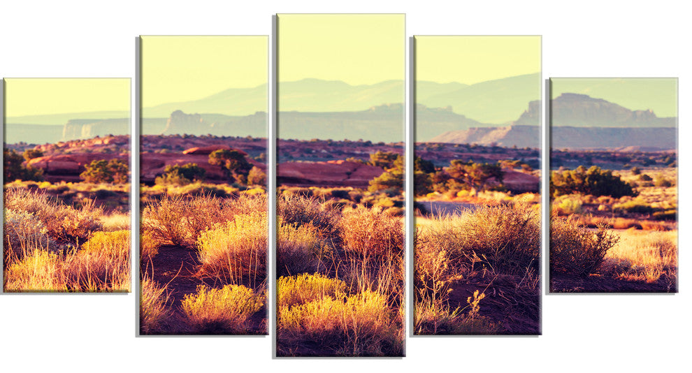 Prairie with Layers of Mountains, Landscape Canvas Art Print, 60"x32", 5 Panels