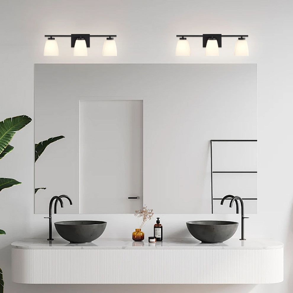 22 in. 3-Light Matte Black Vanity Light With Square Etched White Glass Shades