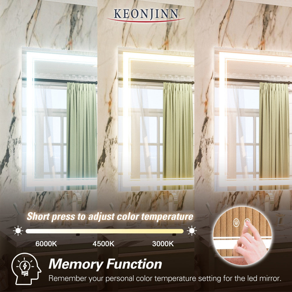 3-Colors LED Bathroom Mirror, Anti-Fog Memory Dimmable, Sliver, 24"x32"