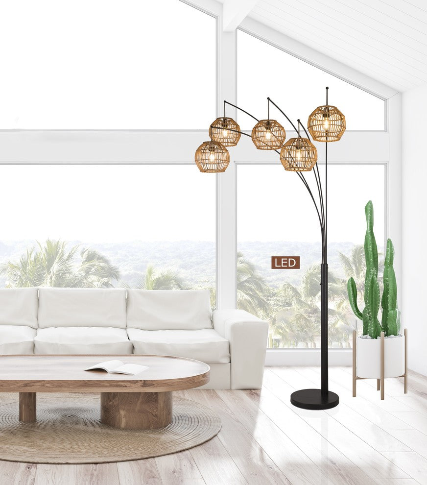 Bali 88" LED Arched Floor Lamp Handcrafted Rattan Shade, Oil Rubbed Bronze