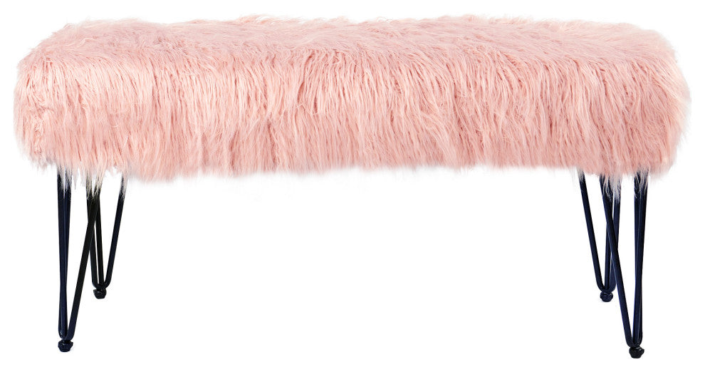 Mongolian Fur Ottoman, Coral Pink, 46"x16"x22"