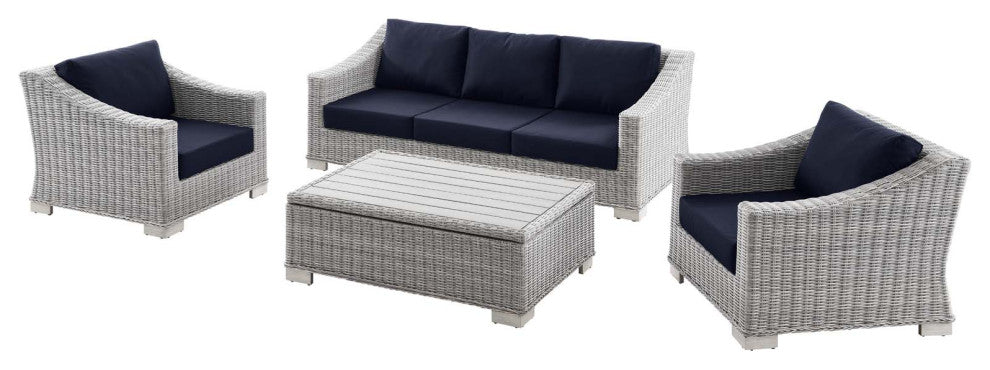 Lounge Sectional Sofa Chair Set, Rattan, Wicker, Gray Blue Navy, Outdoor