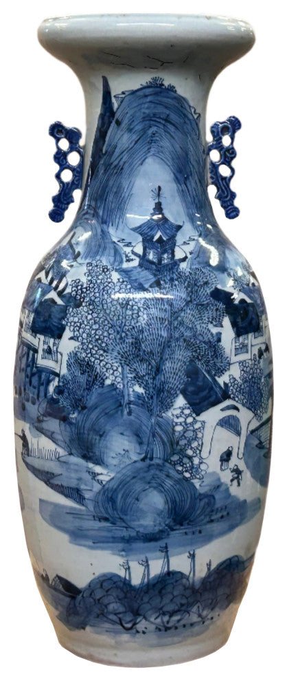 23.5" Vintage Blue White Scenery Porcelain Ru Yi Ear Art Vase Hws4430