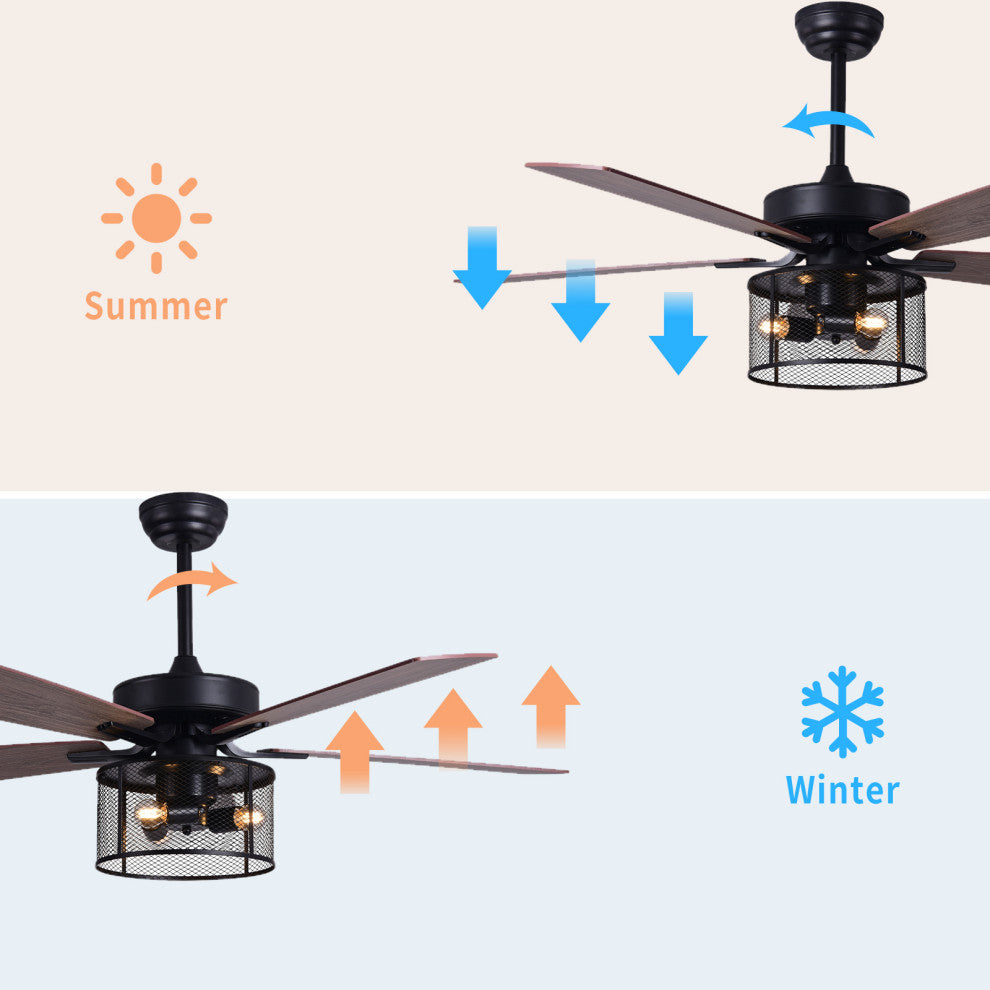 52" Ceiling Fan With Lights and Remote Control, Reversible Blades, Matte Black