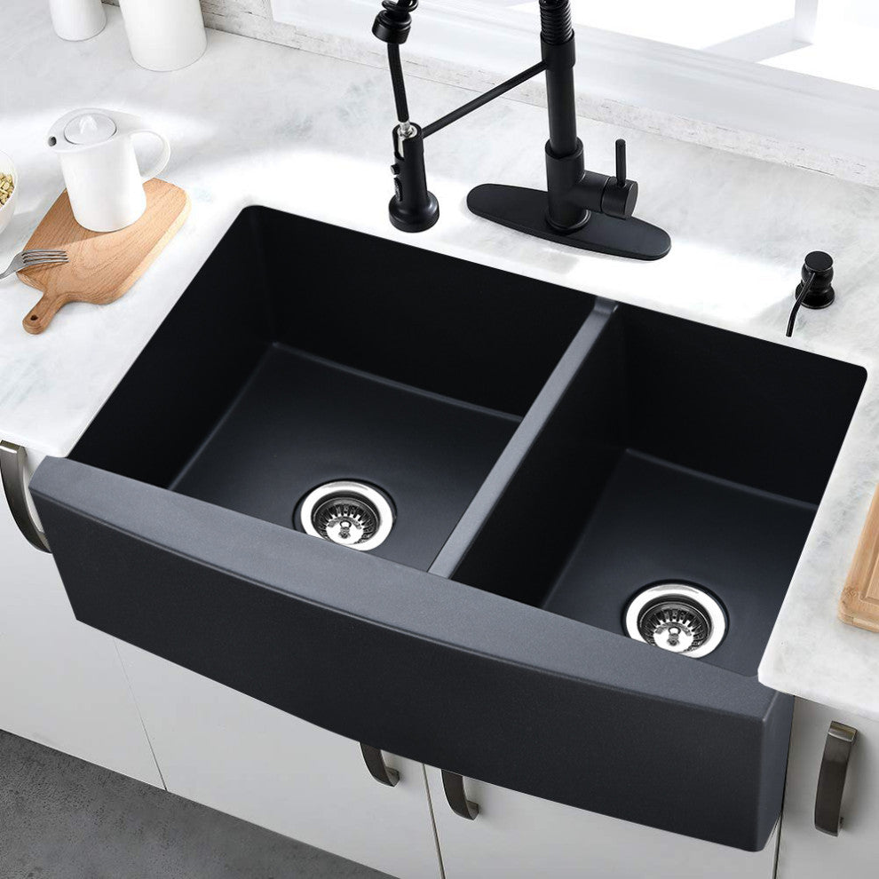 33" x 22" Black Quartz Double Bowl Farmhouse Apron Kitchen Sink With Strainer
