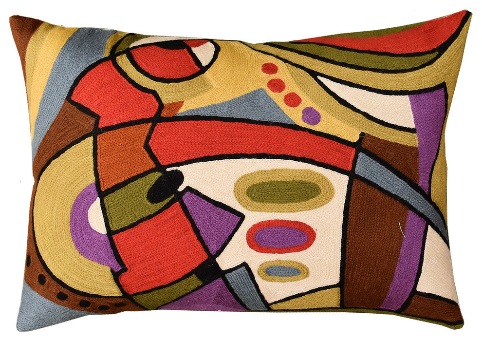 Lumbar Decorative Musical Accent Pillow Cover Hand Embroidered Wool 14"³x20"³