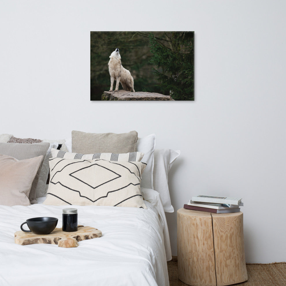 Howling White Wolf In The Forest Wildlife Photograph Canvas Wall Art Print, 24" X 36"