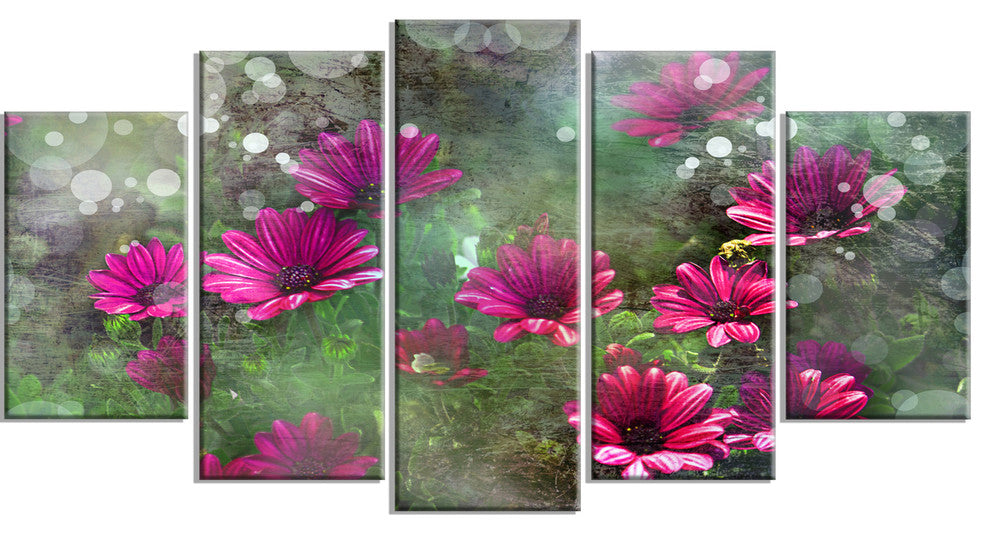 Red and Pink Flowers on Green, Large Floral Canvas Artwork, 60"x32", 5 Panels