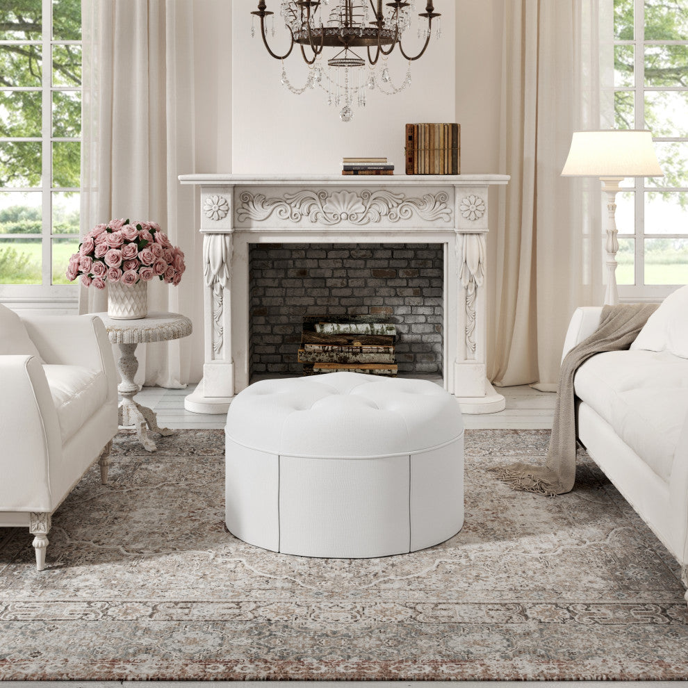 Rustic Manor Aiza Ottoman, Upholstered, Linen, Pure White