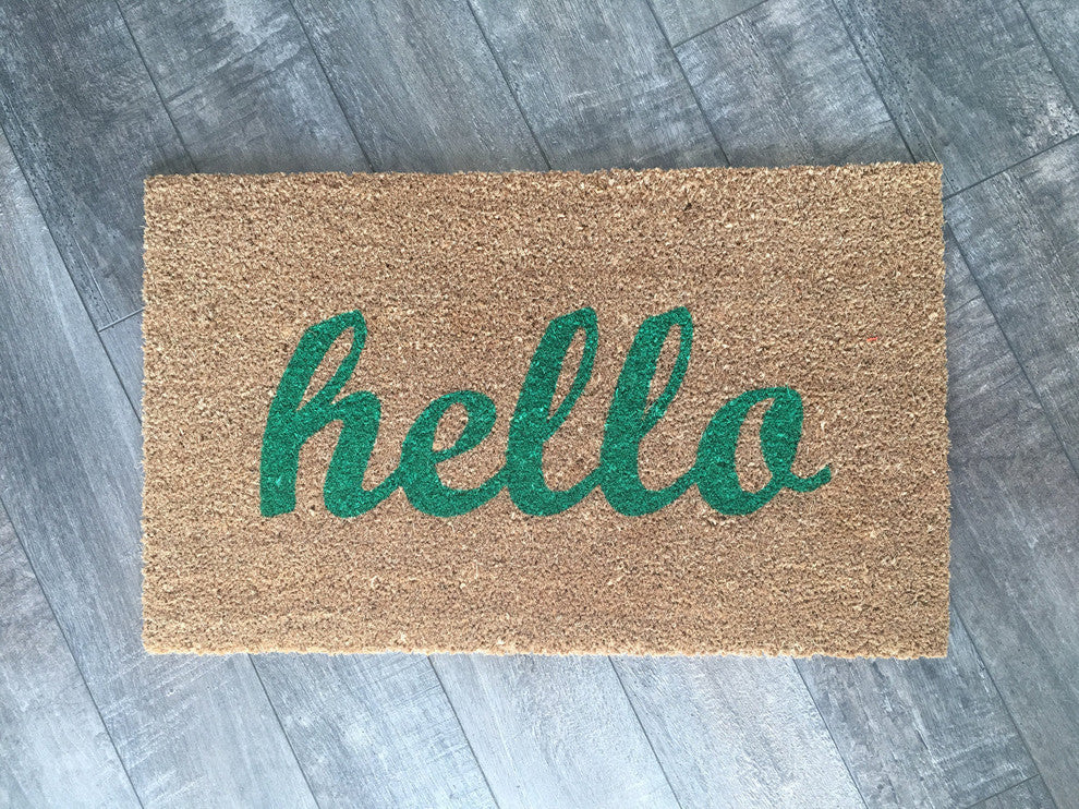 Hand Painted "Hello" Script Welcome Mat, Black Soul