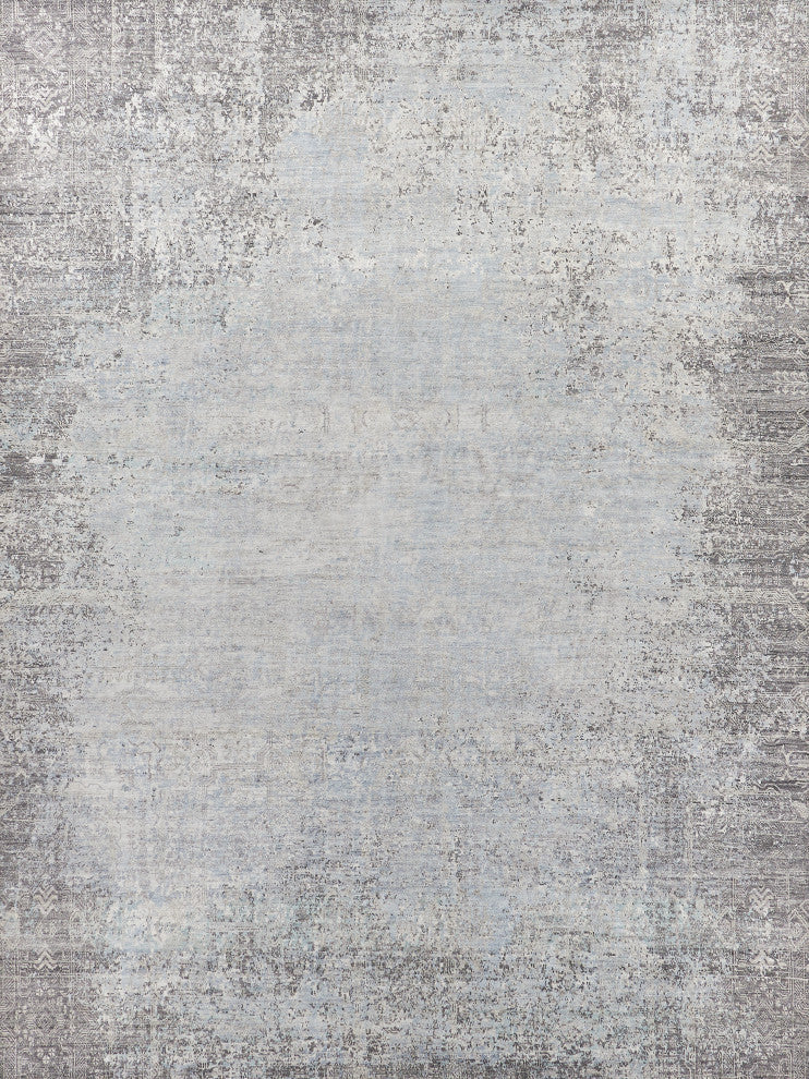 Fine Pure Silk Hand-Knotted Silk Ivory/Dark Gray/Multi Area Rug