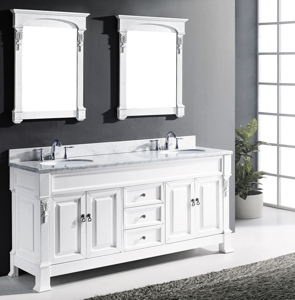 Virtu Huntshire 72" Double Bathroom Vanity, White With Marble Top, Mirrors