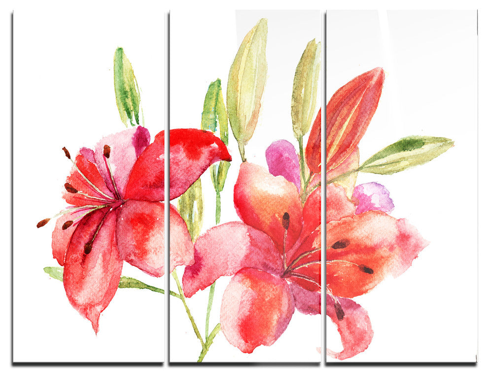 "Lily Flowers Illustration" Glossy Metal Wall Art, 3 Panels, 36"x28"