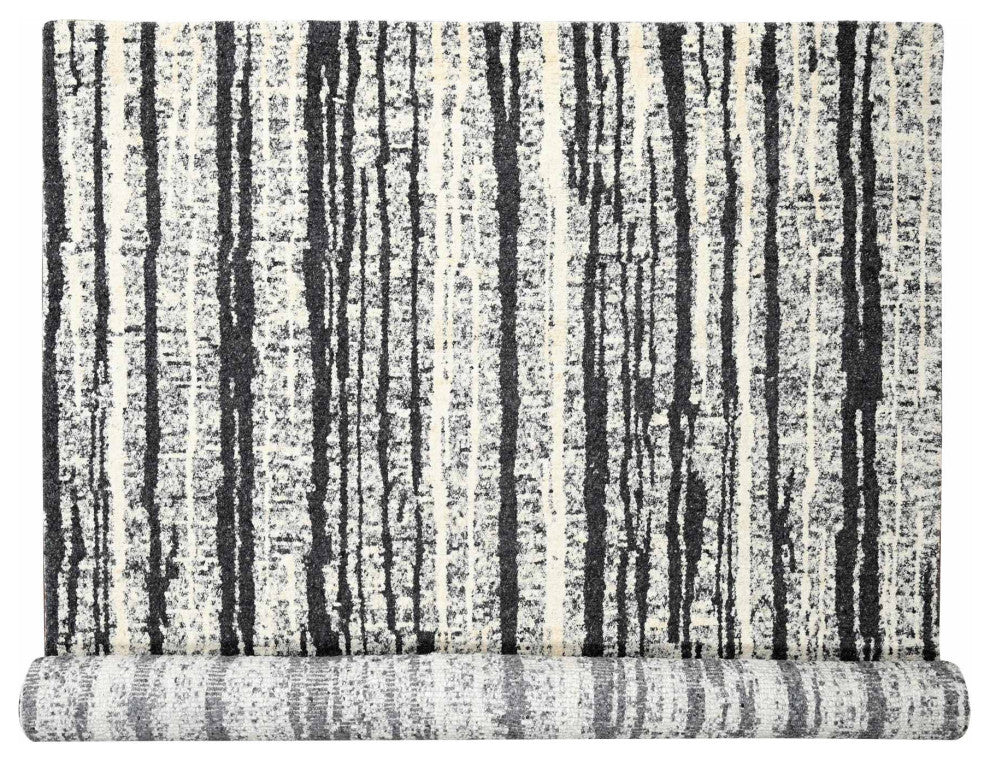 Black With Ivory Hand Knotted Wool Modern Design Oversize Oriental Rug 12'x14'9"